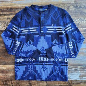 Polo Ralph Lauren Aztec Southwest Henley Shirt Long Sleeve Blue Cotton
